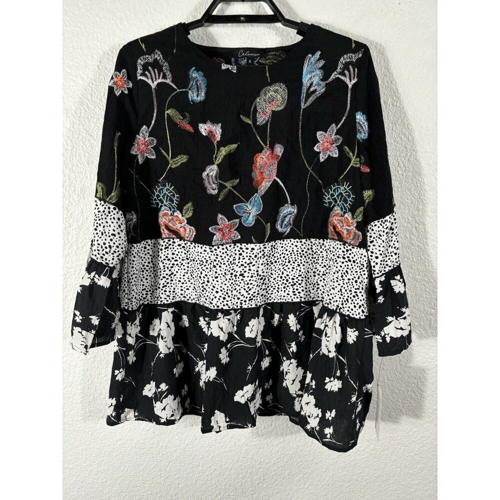 Calessa Top Womens Small Embroidered Floral‎ 3/4 Bell Sleeves Polyester